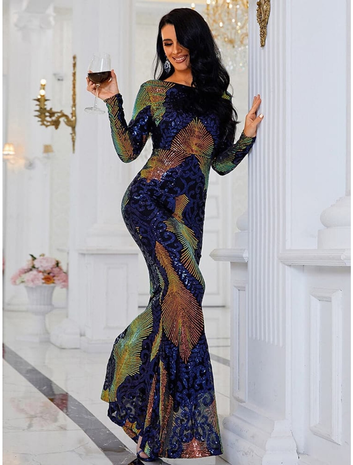 Meerjungfrau/Trompete Abendkleid Elegantes Kleid Formale Schleppe/Pinselzug Langarm Rundhalsausschnitt Pailletten mit Glitzerfalten